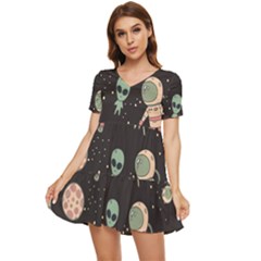 Space Pattern Cartoon Tiered Short Sleeve Babydoll Dress