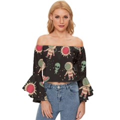 Space Pattern Cartoon Off Shoulder Flutter Bell Sleeve Top