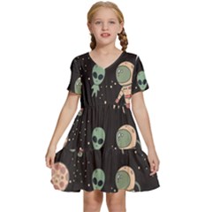 Space Pattern Cartoon Kids  Short Sleeve Tiered Mini Dress