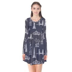 Nyc Pattern Long Sleeve V-neck Flare Dress