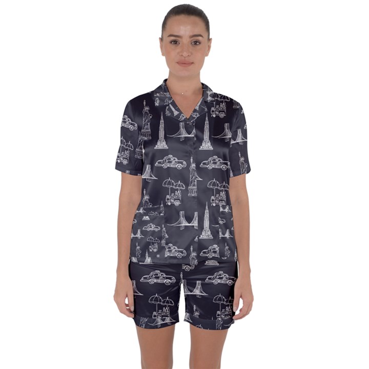 Nyc Pattern Satin Short Sleeve Pajamas Set