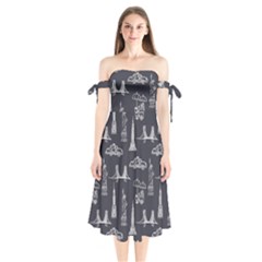 Nyc Pattern Shoulder Tie Bardot Midi Dress