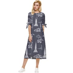 Nyc Pattern Bow Sleeve Chiffon Midi Dress by Jancukart