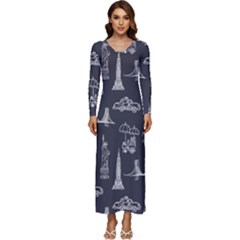 Nyc Pattern Long Sleeve Velour Longline Maxi Dress