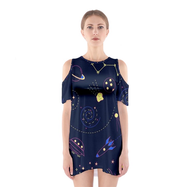 Cartoon-space-seamless-pattern-vectors Shoulder Cutout One Piece Dress