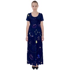 Cartoon-space-seamless-pattern-vectors High Waist Short Sleeve Maxi Dress