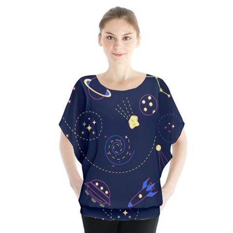 Cartoon-space-seamless-pattern-vectors Batwing Chiffon Blouse by Jancukart