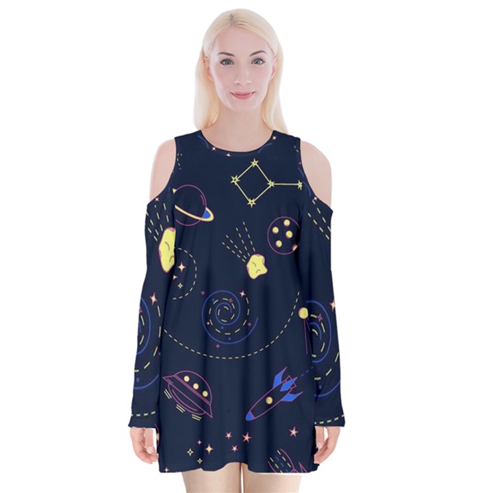 Cartoon-space-seamless-pattern-vectors Velvet Long Sleeve Shoulder Cutout Dress