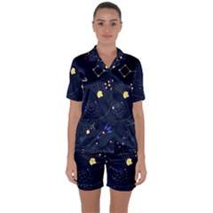 Cartoon-space-seamless-pattern-vectors Satin Short Sleeve Pajamas Set