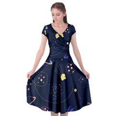 Cartoon-space-seamless-pattern-vectors Cap Sleeve Wrap Front Dress