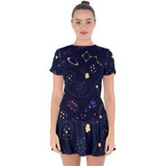 Cartoon-space-seamless-pattern-vectors Drop Hem Mini Chiffon Dress