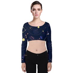 Cartoon-space-seamless-pattern-vectors Velvet Long Sleeve Crop Top