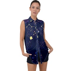 Cartoon-space-seamless-pattern-vectors Sleeveless Chiffon Button Shirt