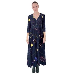 Cartoon-space-seamless-pattern-vectors Button Up Maxi Dress