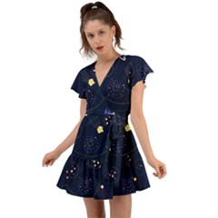 Cartoon-space-seamless-pattern-vectors Flutter Sleeve Wrap Dress