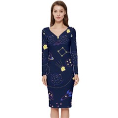 Cartoon-space-seamless-pattern-vectors Long Sleeve V-neck Bodycon Dress 