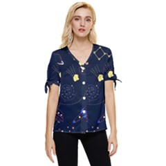 Cartoon-space-seamless-pattern-vectors Bow Sleeve Button Up Top