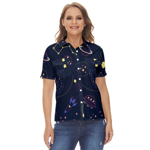 Cartoon-space-seamless-pattern-vectors Women s Short Sleeve Double Pocket Shirt by Jancukart