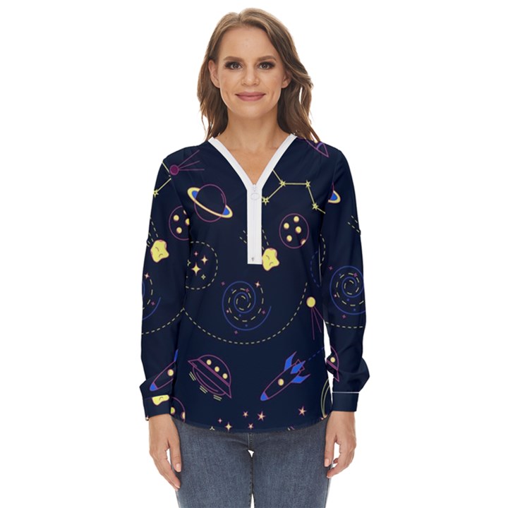 Cartoon-space-seamless-pattern-vectors Zip Up Long Sleeve Blouse