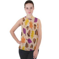 Seamless Verson Of Fal Pattern Mock Neck Chiffon Sleeveless Top