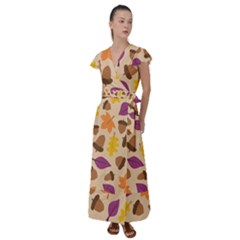 Seamless Verson Of Fal Pattern Flutter Sleeve Maxi Dress