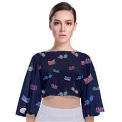 Bra Set Pattern Tie Back Butterfly Sleeve Chiffon Top