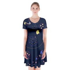 Cartoon-space-seamless-pattern-vectors Short Sleeve V-neck Flare Dress