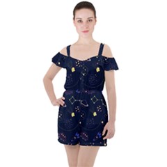 Cartoon-space-seamless-pattern-vectors Ruffle Cut Out Chiffon Playsuit