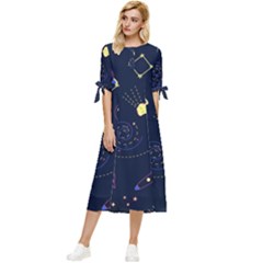 Cartoon-space-seamless-pattern-vectors Bow Sleeve Chiffon Midi Dress