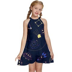 Cartoon-space-seamless-pattern-vectors Kids  Halter Collar Waist Tie Chiffon Dress by Jancukart