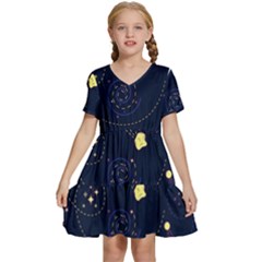 Cartoon-space-seamless-pattern-vectors Kids  Short Sleeve Tiered Mini Dress