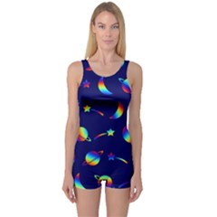 Space-pattern Colourful One Piece Boyleg Swimsuit