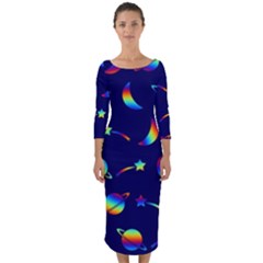 Space-pattern Colourful Quarter Sleeve Midi Bodycon Dress