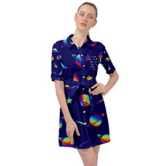 Space-pattern Colourful Belted Shirt Dress