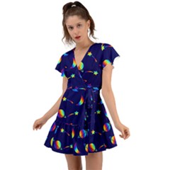 Space-pattern Colourful Flutter Sleeve Wrap Dress