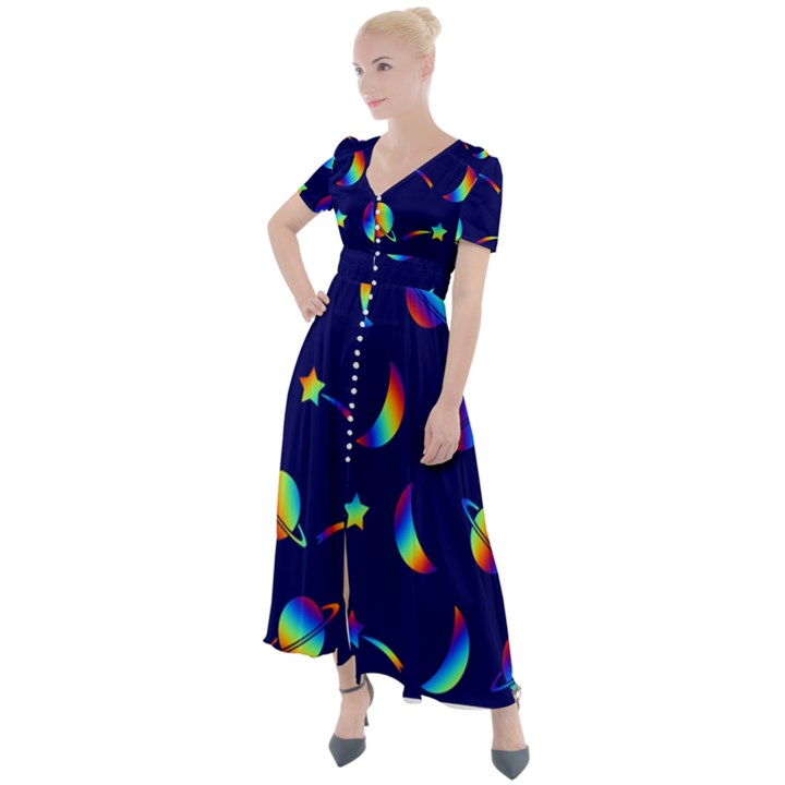 Space-pattern Colourful Button Up Short Sleeve Maxi Dress