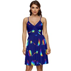 Space-pattern Colourful V-neck Pocket Summer Dress 