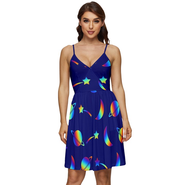 Space-pattern Colourful V-Neck Pocket Summer Dress 