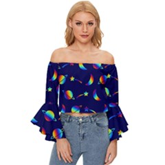 Space-pattern Colourful Off Shoulder Flutter Bell Sleeve Top by Jancukart