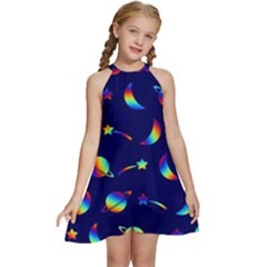 Space-pattern Colourful Kids  Halter Collar Waist Tie Chiffon Dress