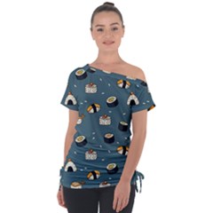 Sushi Pattern Off Shoulder Tie-up Tee