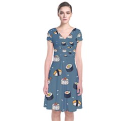 Sushi Pattern Short Sleeve Front Wrap Dress