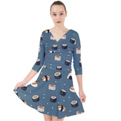 Sushi Pattern Quarter Sleeve Front Wrap Dress