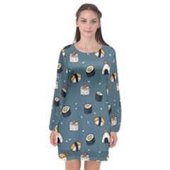 Sushi Pattern Long Sleeve Chiffon Shift Dress 