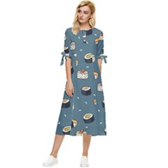 Sushi Pattern Bow Sleeve Chiffon Midi Dress by Jancukart