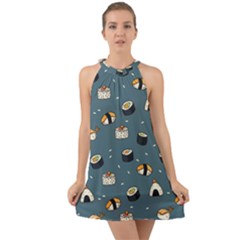 Sushi Pattern Halter Tie Back Chiffon Dress