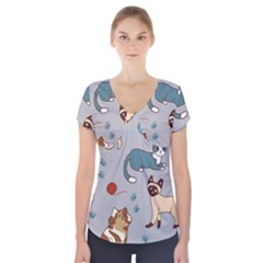 Cats Pattern Short Sleeve Front Detail Top