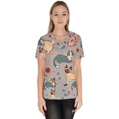 Cats Pattern Women s V-neck Scrub Top