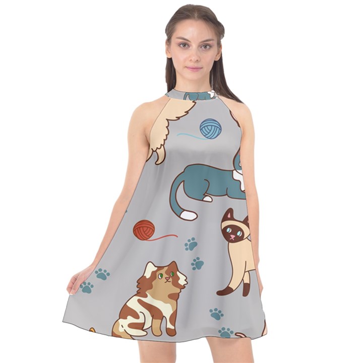 Cats Pattern Halter Neckline Chiffon Dress 