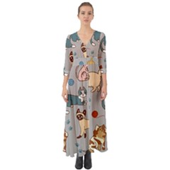 Cats Pattern Button Up Boho Maxi Dress